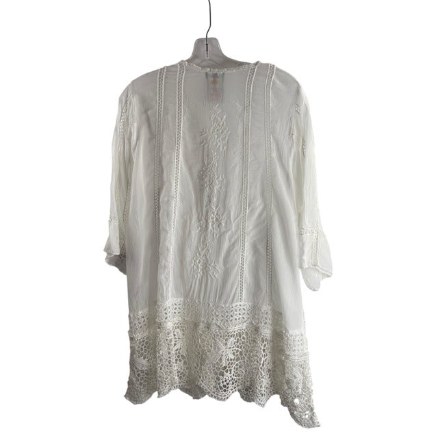 JOHNNY WAS Size SMALL White Eyelet 3/4 Sleeve Tunic Length Cupra Rayon TOP