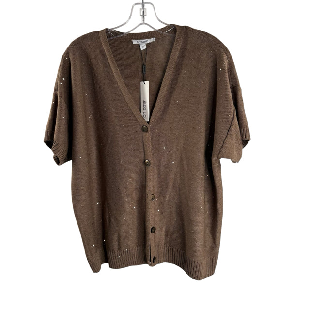 CHICOS Size CHICOS 2 Brown Sequin Short Sleeve NWT SWEATER