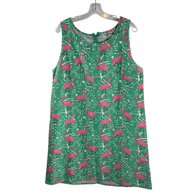 IN GEAR Size X-LARGE Green/Pink Flamingo Sleeveless DRESS