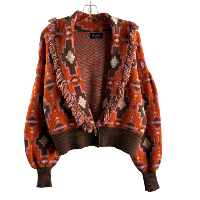 CIDER Size SMALL Pink/Brown Print Long Sleeve Cardigan SWEATER