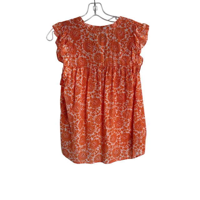 J CREW Size SMALL White/Orange Print Cap Sleeve Button Neck Cotton Blend TOP