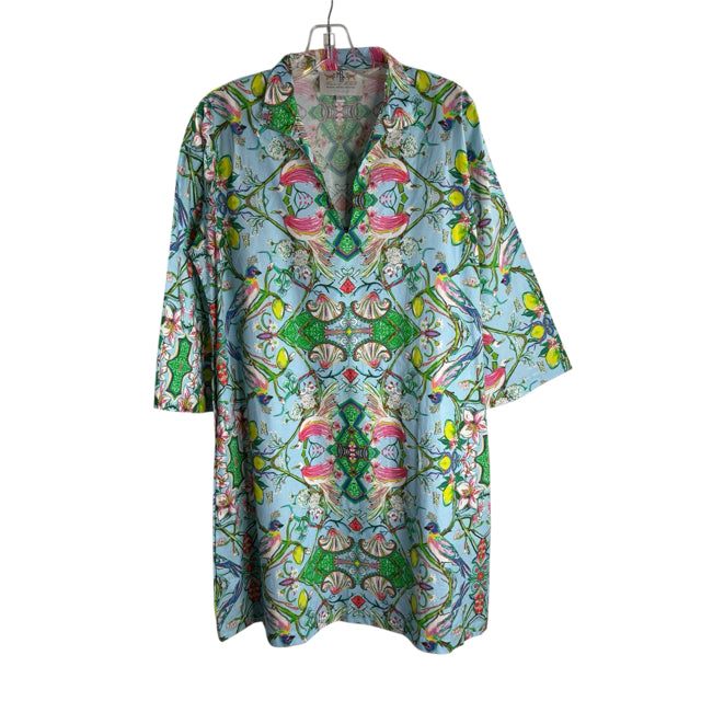HOUSE OF MBR Size SMALL Blue Print 3/4 Sleeve DRESS
