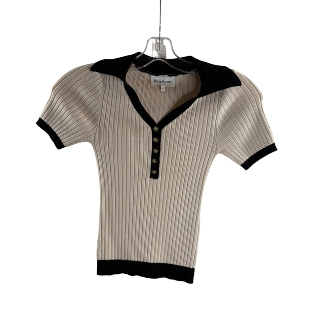 HEARTLOOM Size X-SMALL Cream/Black Ribbed Short Sleeve Crop Viscose/Poly TOP