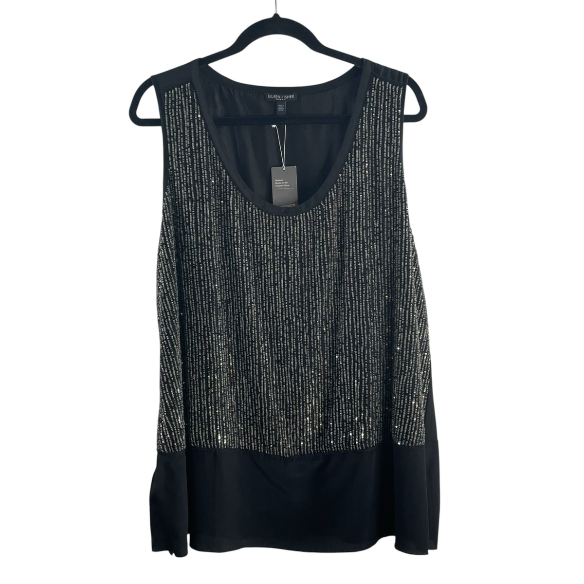 EILEEN FISHER Size 1X Black/Silver Bead Front Sleeveless NWT BLOUSE