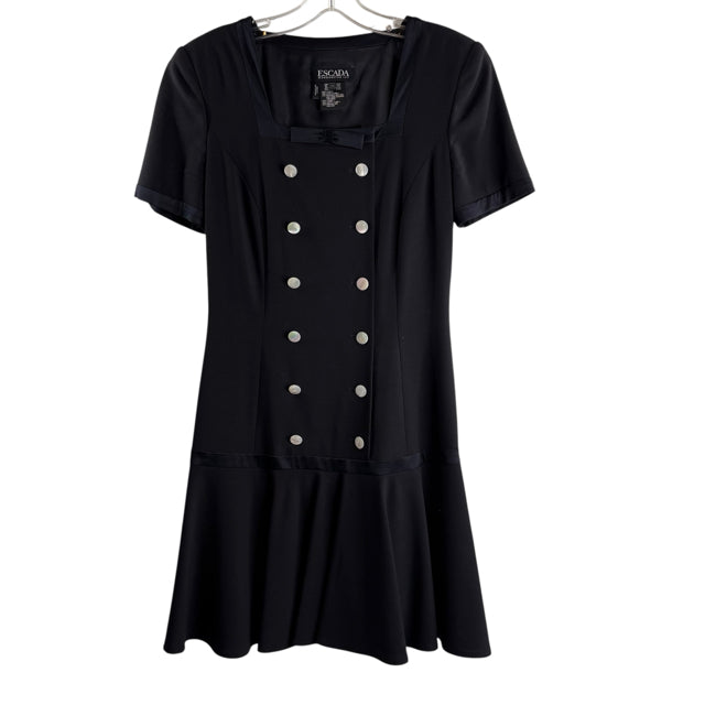 ESCADA Size 34 Navy/White Double Breast Short Sleeve Wool DRESS