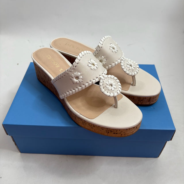 JACK ROGERS Size 7 1/2 White/Tan Wedge Heel Leather BOX SHOE