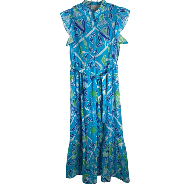 SHERIDAN FRENCH Size MEDIUM Blue/Green Print Cap Sleeve Cotton DRESS