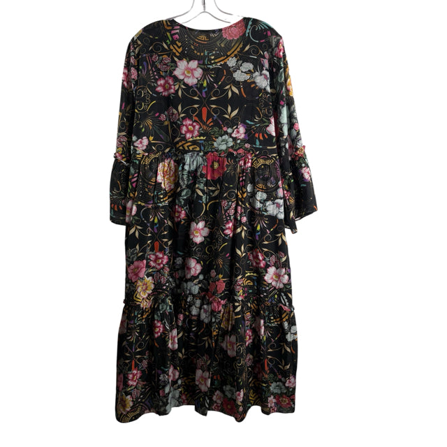 JOHNNY WAS Size LARGE Black/Multi Print 3/4 Sleeve Cotton DRESS