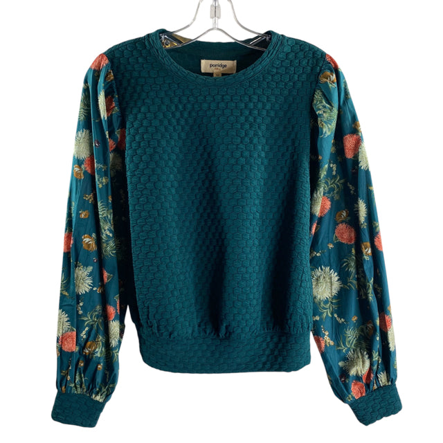 PORRIDGE Size X-SMALL Teal/Multi Floral Long Sleeve Polyester Blend NWT TOP