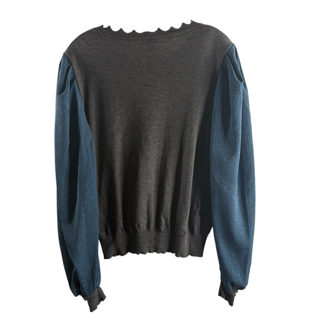 CURRENT AIR Size LARGE Gray/Teal Neck Detail Long Sleeve Cotton Blend SWEATER