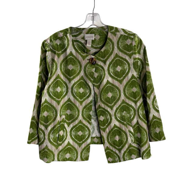 CHICOS Size CHICOS 1 Tan/Green Print Linen JACKET