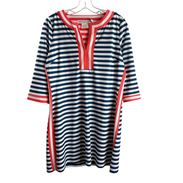 GRETCHEN SCOTT Size MEDIUM Blue/White Stripe 3/4 Sleeve Polyester DRESS