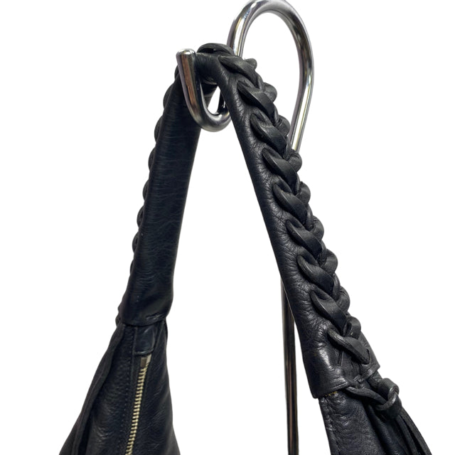 christopher kon leather backpack CHRISTOPHER KON Black Braid Leather Crescent PURSE
