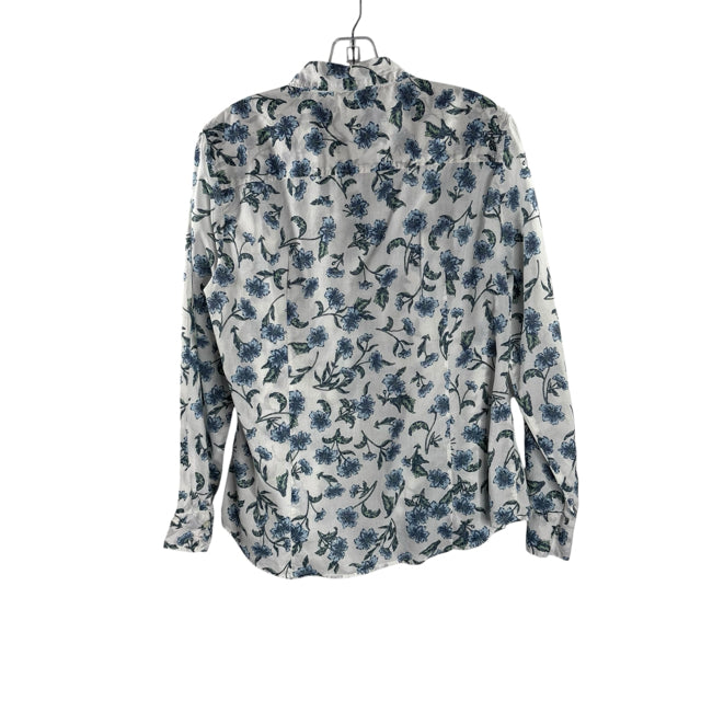 J CREW Size LARGE White/Blue/Green Floral Long Sleeve B'front BLOUSE