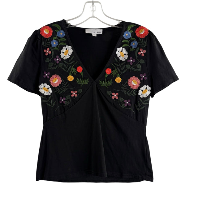 ISLA MAUDE Size X-SMALL Black/Multi Embroidered Short Sleeve Cotton TOP