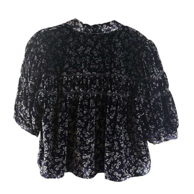 MAEVE Size MEDIUM Navy/Silver Bows Short Sleeve Button Front Velvet TOP