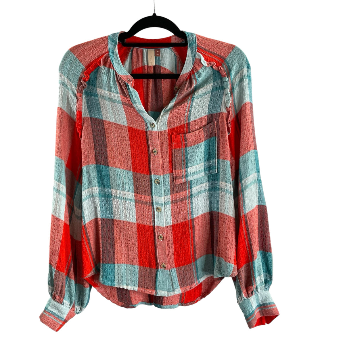 PILCRO Size X-SMALL Turquoise/Red Plaid Long Sleeve B'front Viscose TOP
