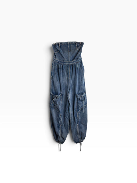 AKIRA Size SMALL Denim Blue Tie Pockets Ballon Sleeve Denim JUMPSUIT