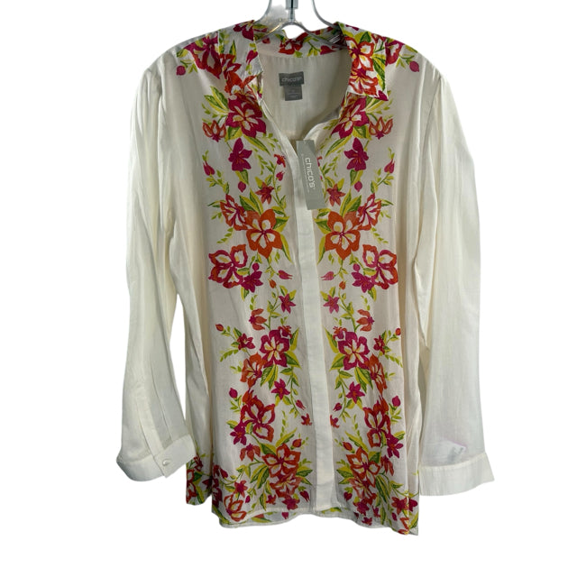 CHICOS Size CHICOS 2 Cream/Multi Floral Long Sleeve Button Front BLOUSE