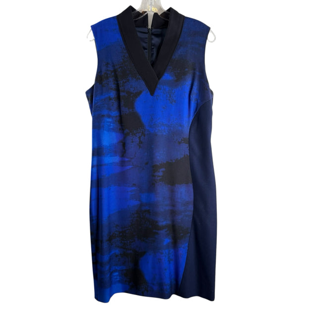 ELIE TAHARI Size 12 Black/Blue Print Sleeveless Wool DRESS