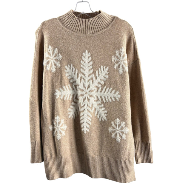 LOFT Size SMALL Tan/White Snowflake Long Sleeve Mock Turtleneck SWEATER