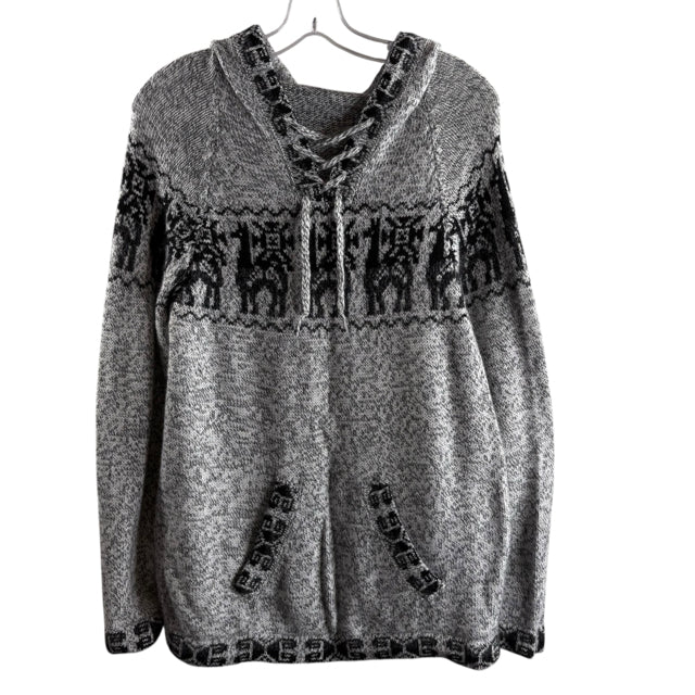 Size LARGE Gray/Black Fair isle Long Sleeve Hood SWEATER