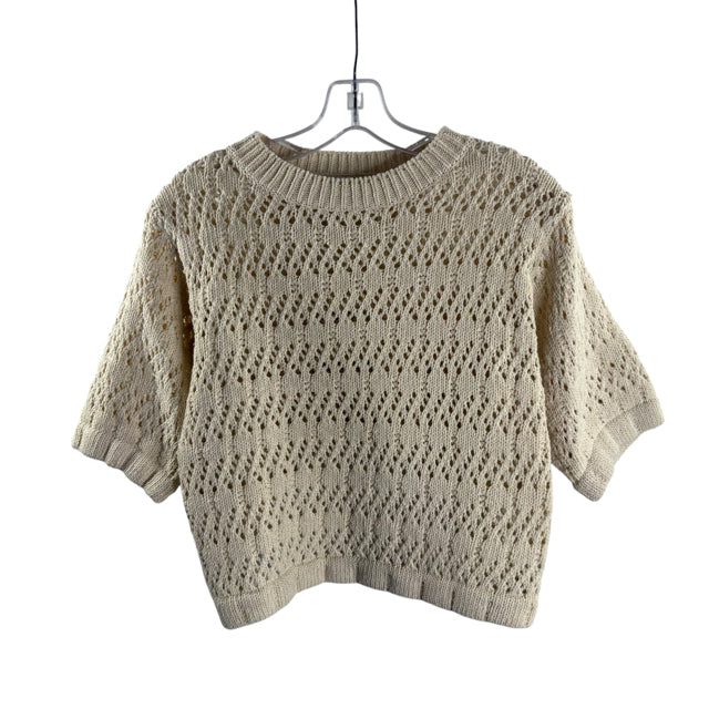 EN CREME Size LARGE Cream Pointelle Short Sleeve Crop SWEATER