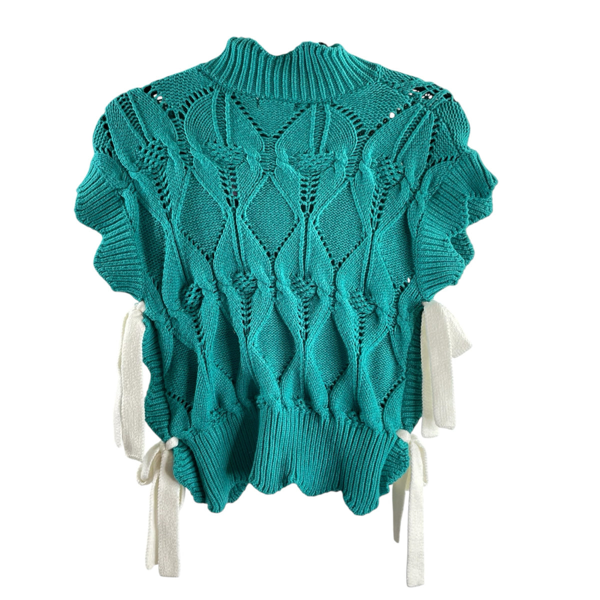 &MERCI Size MEDIUM Turquoise Bows Cap Sleeve Mock Turtleneck SWEATER