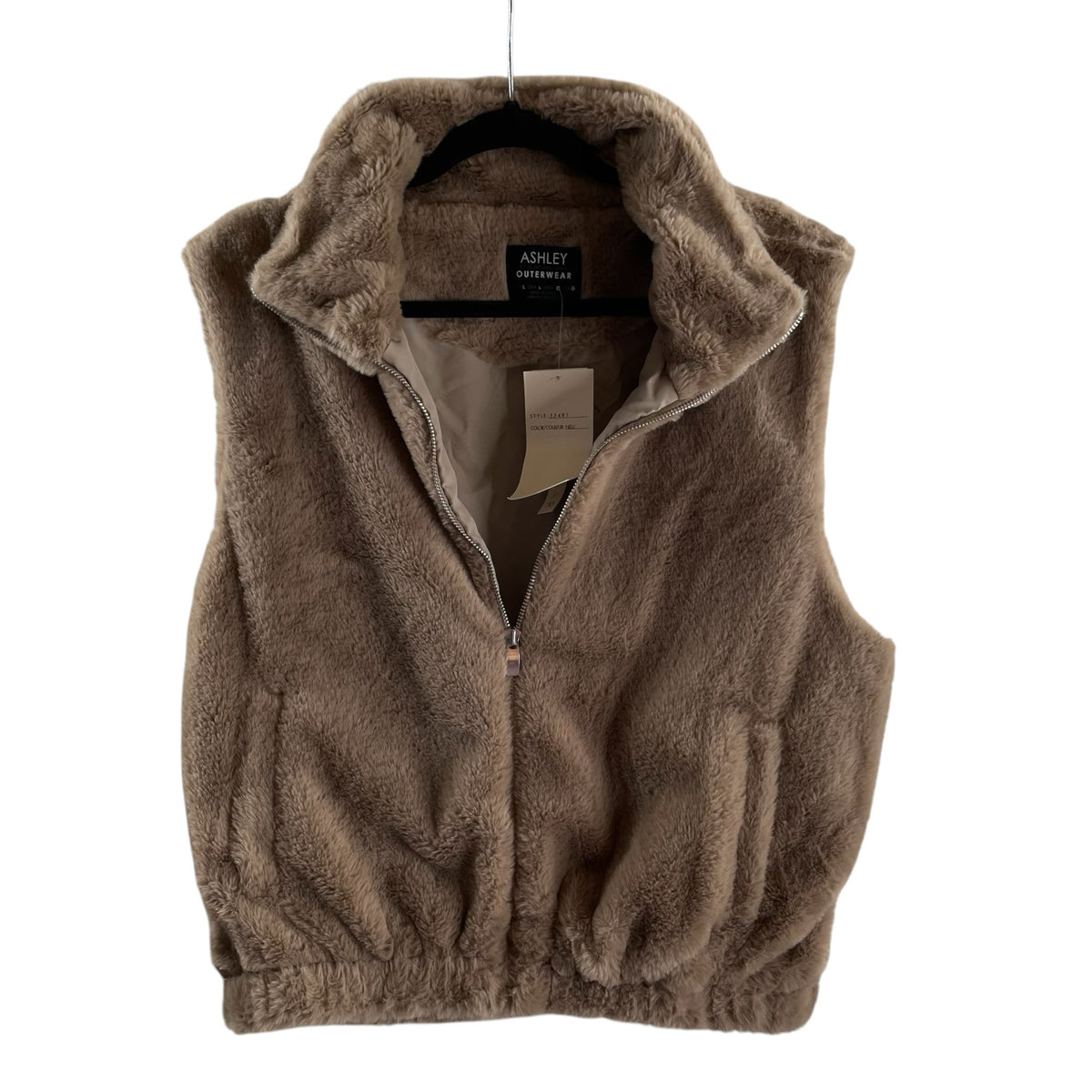 ASHLEY Size LARGE Beige Zip-Front Faux Fur NWT VEST