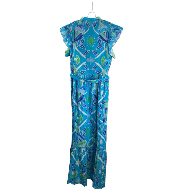 SHERIDAN FRENCH Size MEDIUM Blue/Green Print Cap Sleeve Cotton DRESS