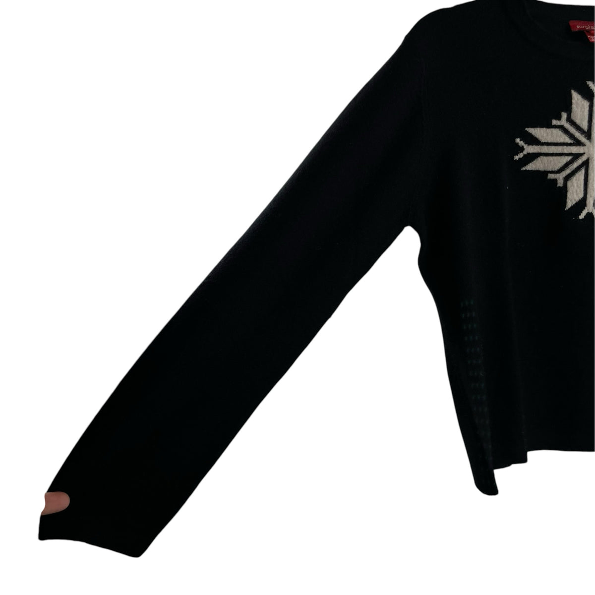 SUNDANCE Size LARGE Black Snowflake Long Sleeve Wool SWEATER