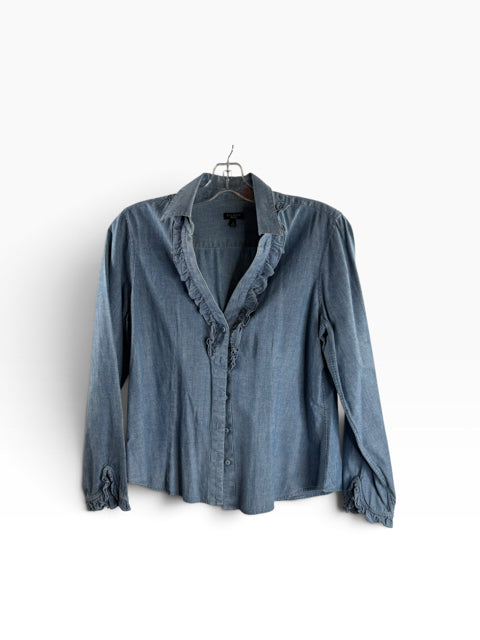 TALBOTS Size 14 Denim Blue Ruffle Detail Long Sleeve Cotton BLOUSE