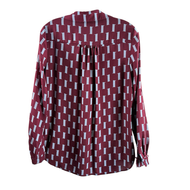 DVF Size 2 Maroon/Blue Print Long Sleeve Button Front Polyester BLOUSE