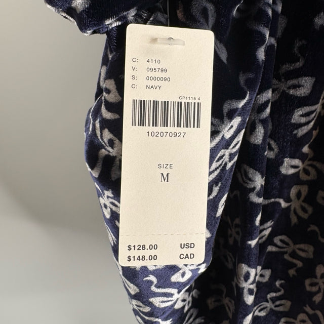 MAEVE Size MEDIUM Navy/Silver Bows Short Sleeve Button Front Velvet TOP