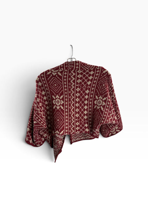 CABI Size SMALL Red/Cream Fair Isle Shrug SWEATER