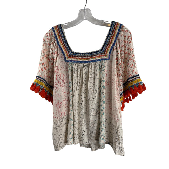 MAEVE Size LARGE Cream/Multi Print Short Sleeve Square Neck BLOUSE