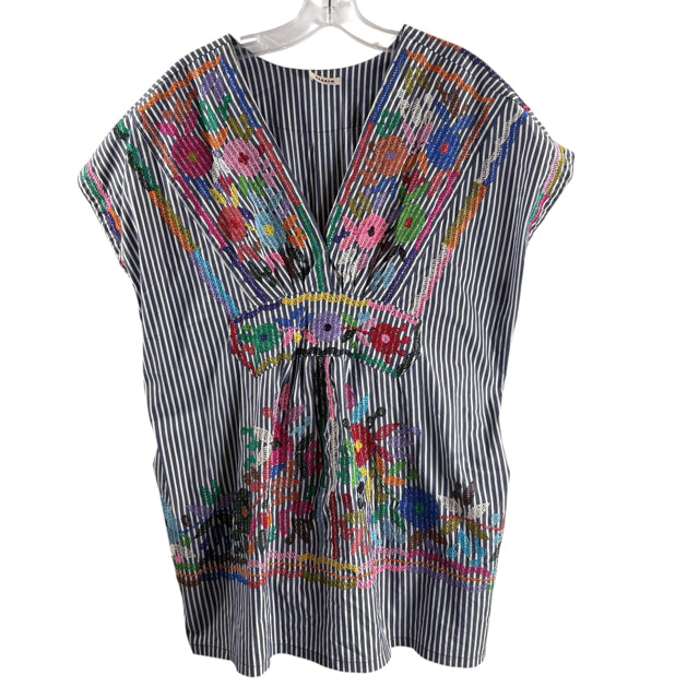 PAROSH Size MEDIUM Blue/Multi Stripe Short Sleeve Tunic Cotton Blend TOP