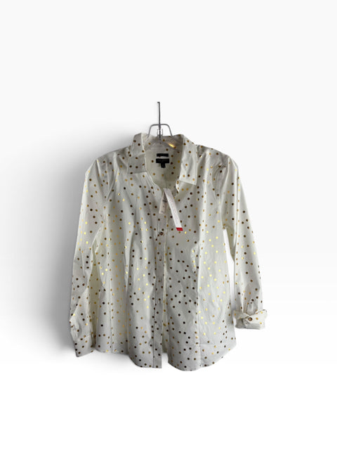 TALBOTS Size 8 PET White/Gold Dots Long Sleeve NWT BLOUSE