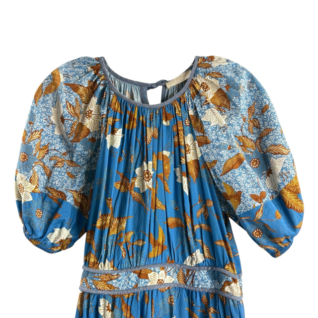 ULLA JOHNSON Size 4 Blue/Brown Print Short Sleeve Cotton Blend NWOT DRESS