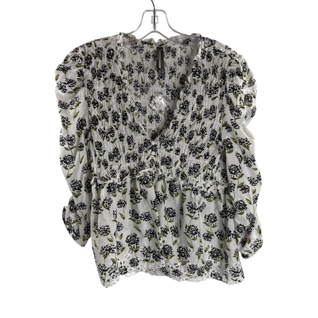 ANTHROPOLOGIE Size MED White/Black Print Long Sleeve SMOCKING DETAIL BLOUSE