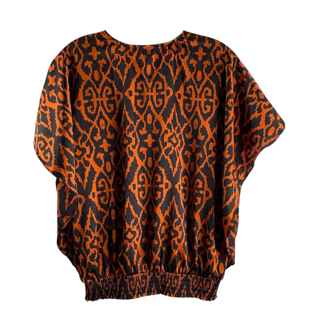 CHICOS Size CHICOS 1 Orange/Black Animal Short Sleeve V-Neck Polyester NWT TOP