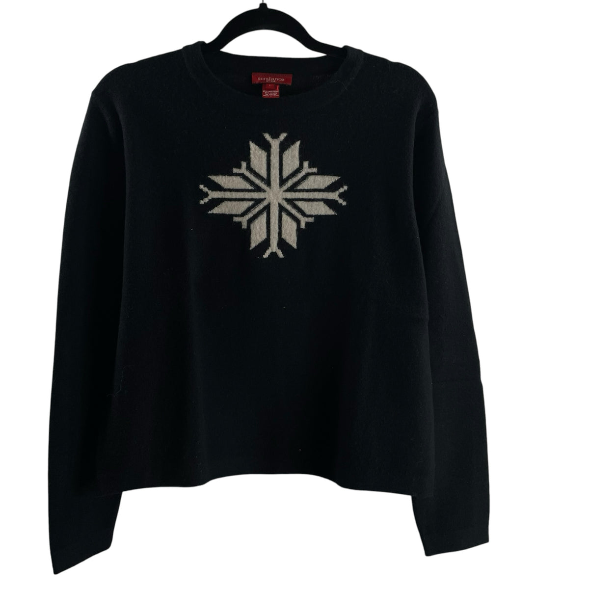 SUNDANCE Size LARGE Black Snowflake Long Sleeve Wool SWEATER