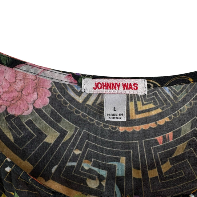 JOHNNY WAS Size LARGE Black/Multi Print 3/4 Sleeve Cotton DRESS