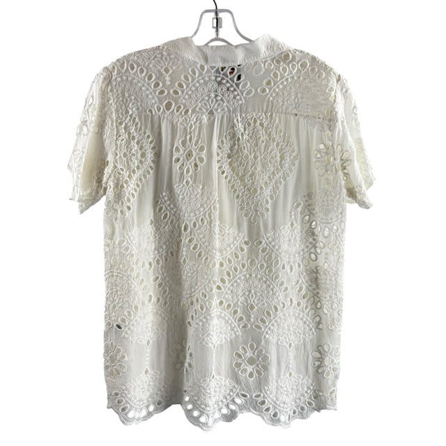 JOHNNY WAS Size X-SMALL White Eyelet Short Sleeve Button Front BLOUSE