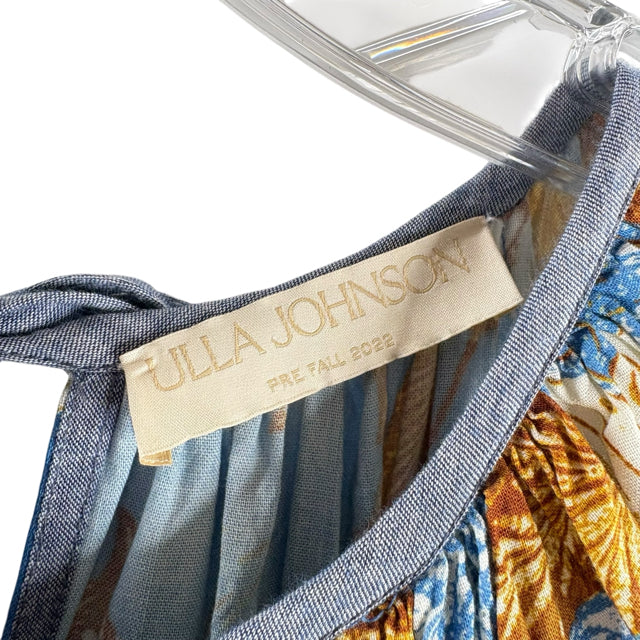ULLA JOHNSON Size 4 Blue/Brown Print Short Sleeve Cotton Blend NWOT DRESS
