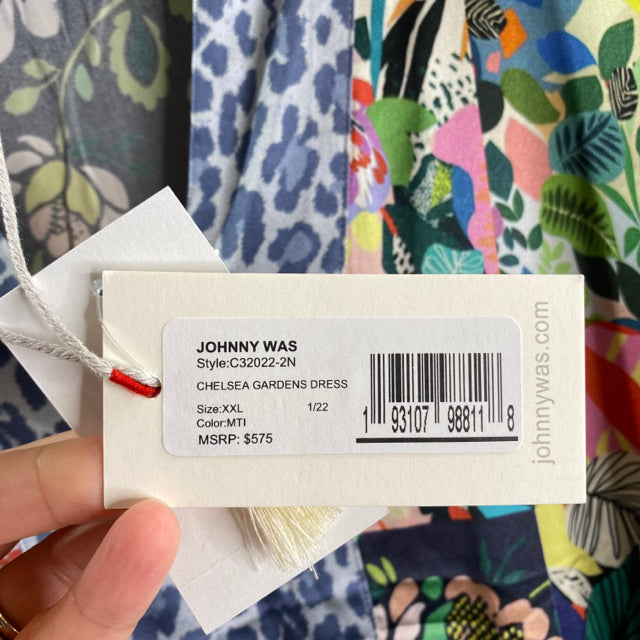 JOHNNY WAS Size XX-LARGE Blue/Multi Print 3/4 Sleeve Silk blend NWT DRESS