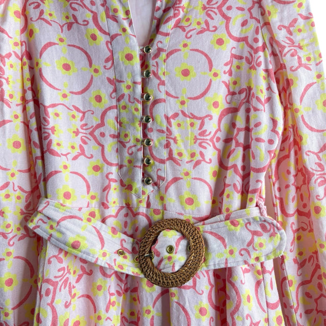 SAIL TO SABLE Size SMALL Pink/Yellow Print Long Sleeve Linen Blend DRESS