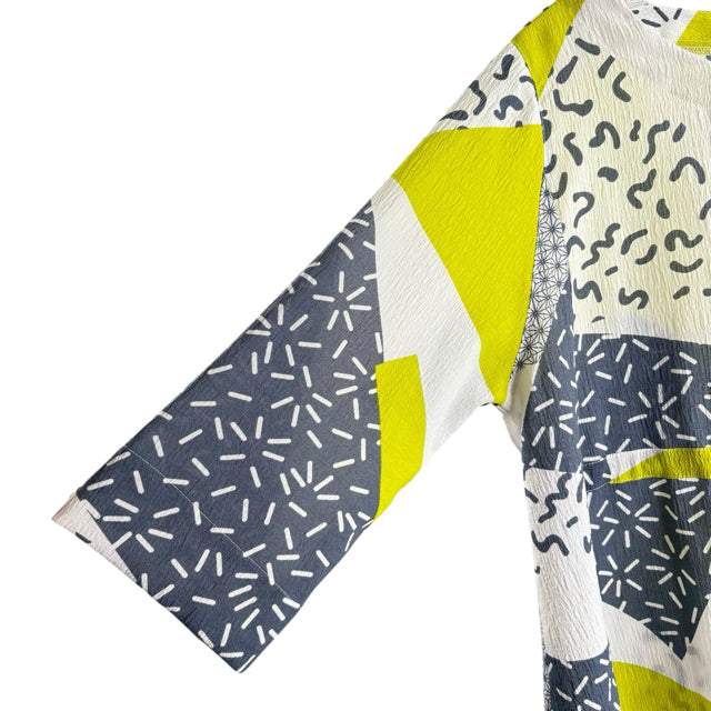 MOONLIGHT Size LARGE White/Yellow Print 3/4 Sleeve Drawstring Hi-Lo TOP