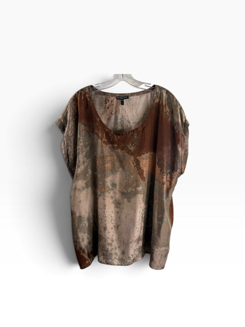 EILEEN FISHER Size 1X Brown Water Color Cap Sleeve Round Neck Silk BLOUSE