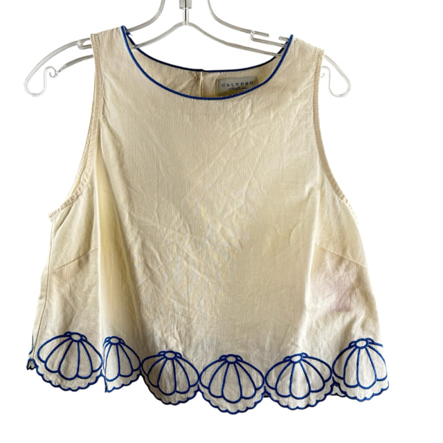 Calypso Size MEDIUM Cream/Blue Embroidered Sleeveless Cotton Blend TOP